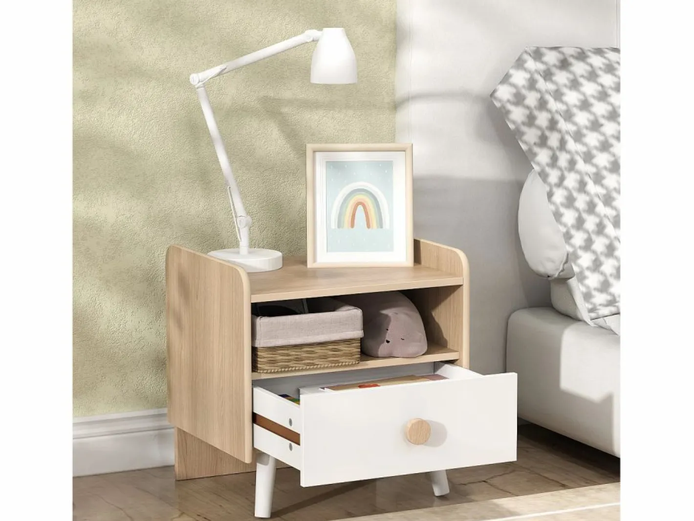 AIYAPLAY Mesita de noche infantil Drácena 1 compartimento + cajón +3A /natural 40x40x32,5 cm Blanco Hot