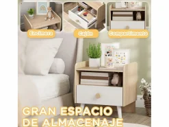 AIYAPLAY Mesita de noche infantil Drácena 1 compartimento + cajón +3A /natural 40x40x32,5 cm Blanco Hot