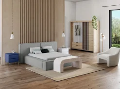 Vente-unique Mesita de noche lote de 2 con 2 cajones en MDF y metal lacado y dorado - KORASA Azul New
