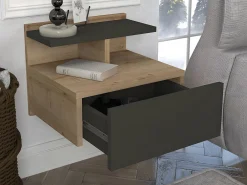 Vente-unique Mesita De Noche|Mesita de noche suspendida lote de 2 con 1 cajón y 1 repisa natural antracita - AZELNO
