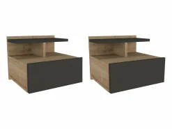 Vente-unique Mesita De Noche|Mesita de noche suspendida lote de 2 con 1 cajón y 1 repisa natural antracita - AZELNO
