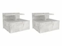 Vente-unique Mesita De Noche|Mesita de noche suspendida conjunto de 2 con 1 cajón y 1 estante efecto mármol - AZELNO