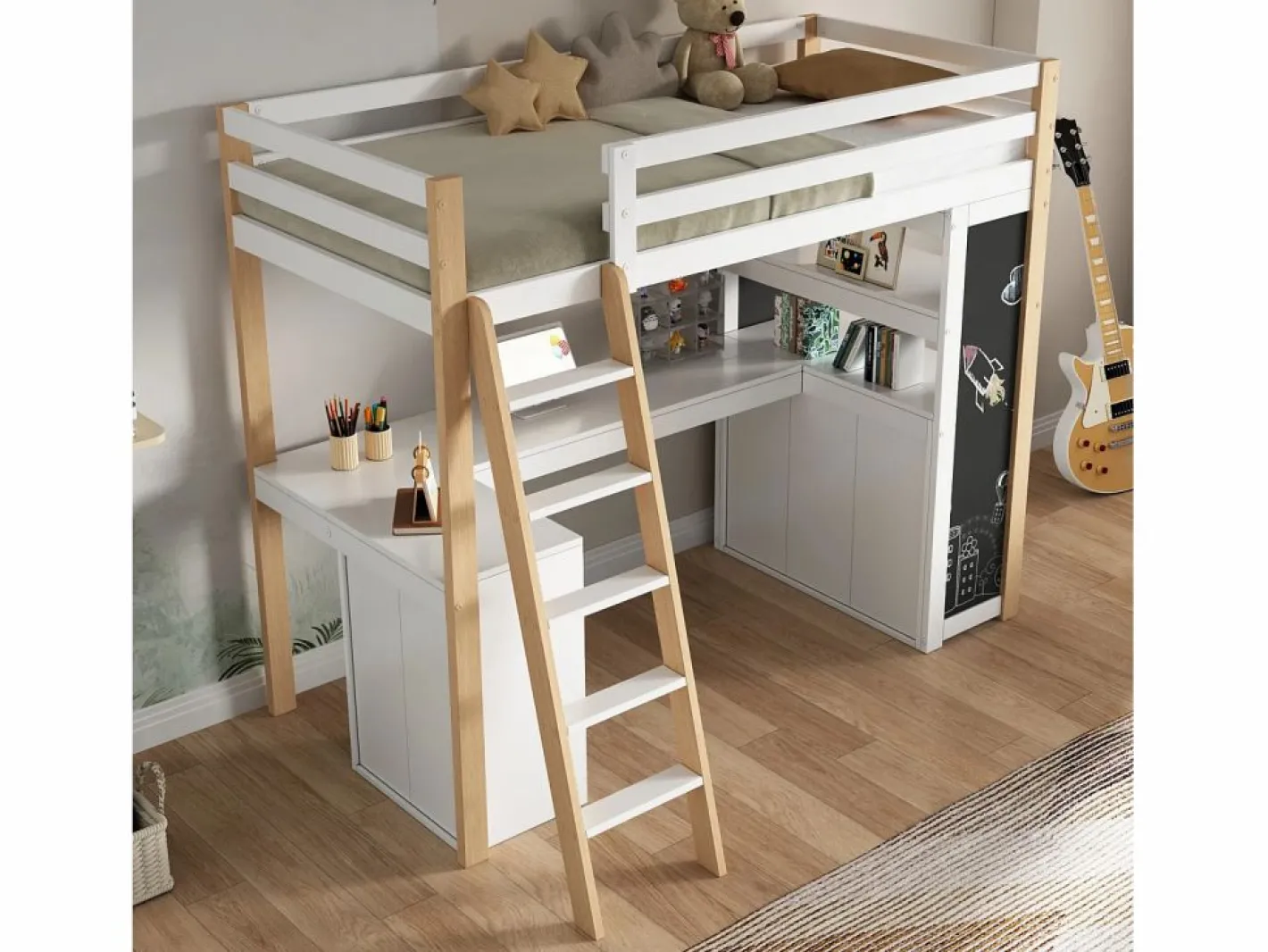 DripeX Cama Infantil|Mezzanine Bed with Office - 90 x 200 cm - 6 cajones grandes - cerca y escalera - Madera sólida y MDF - White