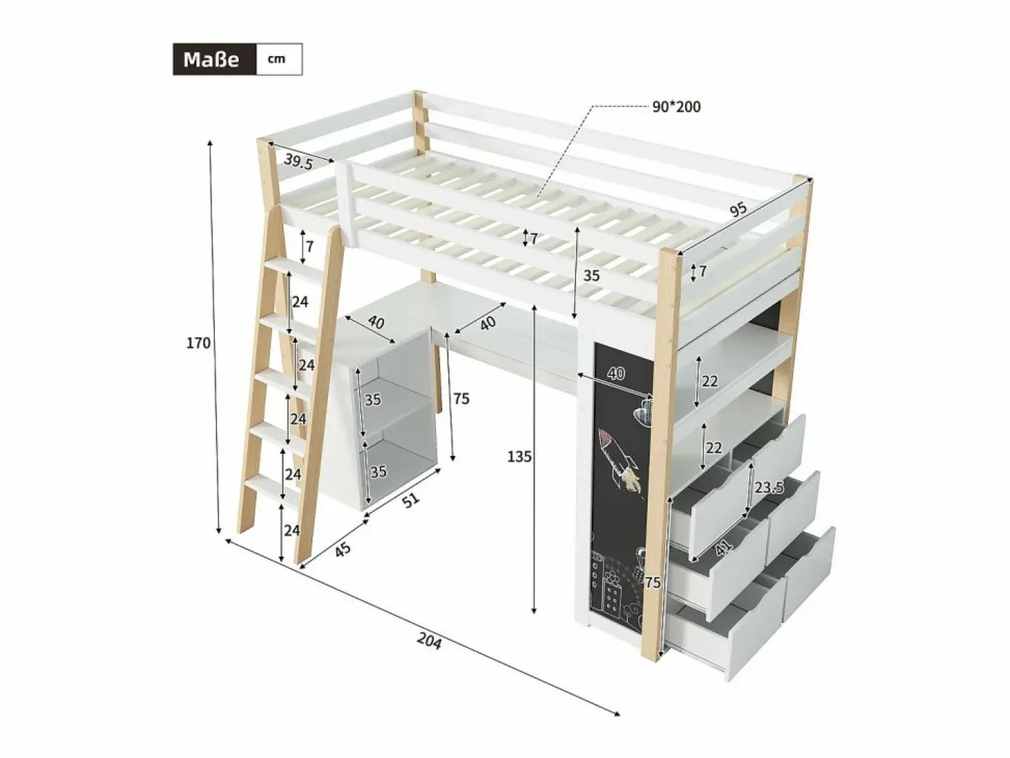 DripeX Cama Infantil|Mezzanine Bed with Office - 90 x 200 cm - 6 cajones grandes - cerca y escalera - Madera sólida y MDF - White