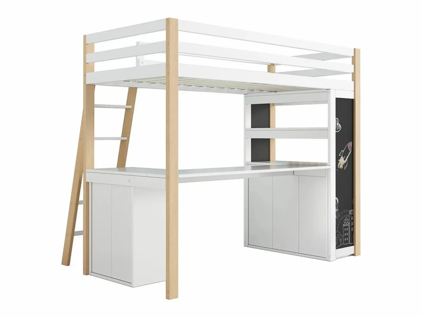 DripeX Cama Infantil|Mezzanine Bed with Office - 90 x 200 cm - 6 cajones grandes - cerca y escalera - Madera sólida y MDF - White
