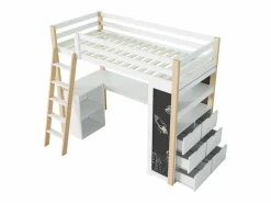 DripeX Cama Infantil|Mezzanine Bed with Office - 90 x 200 cm - 6 cajones grandes - cerca y escalera - Madera sólida y MDF - White