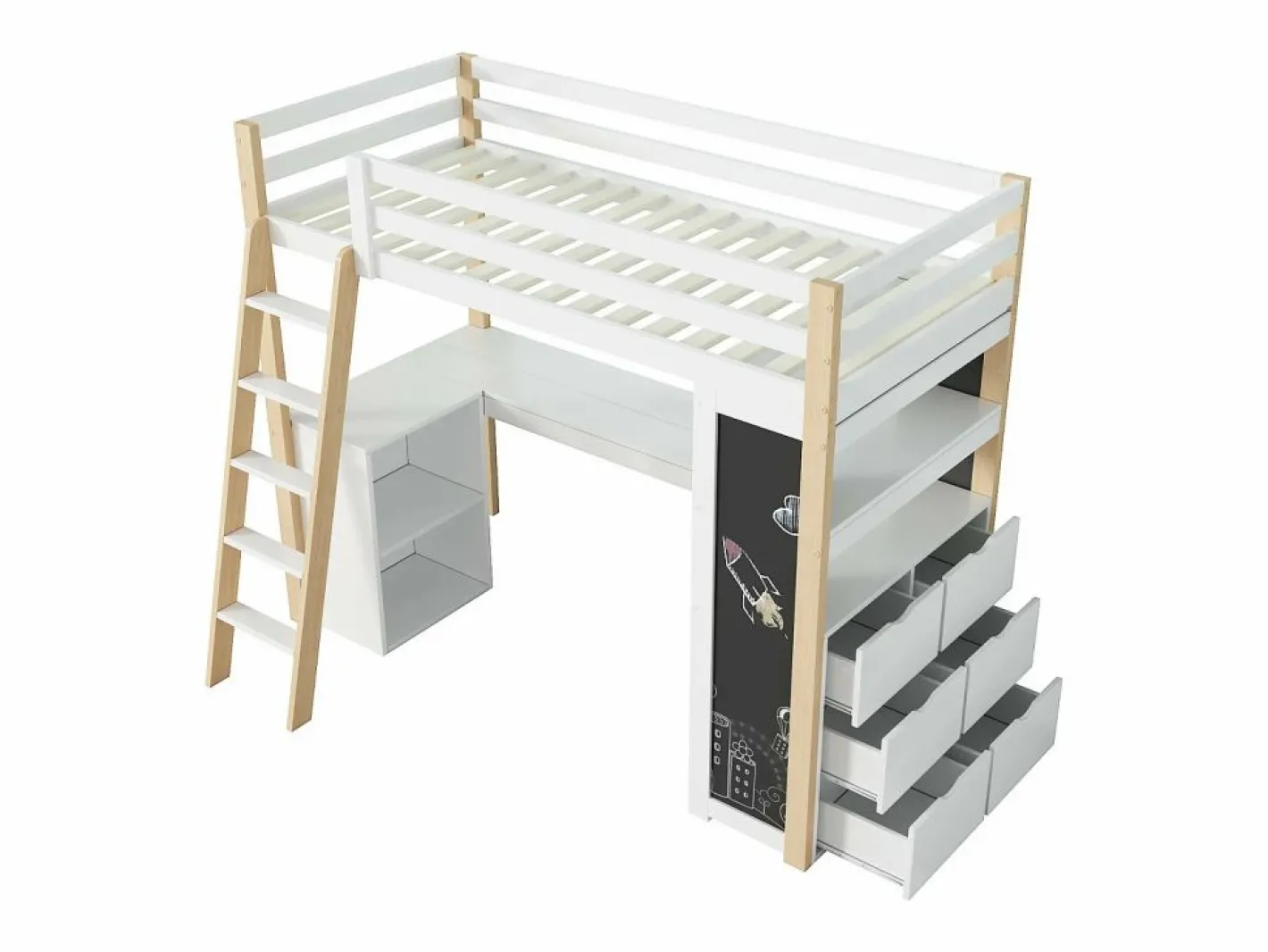 DripeX Cama Infantil|Mezzanine Bed with Office - 90 x 200 cm - 6 cajones grandes - cerca y escalera - Madera sólida y MDF - White