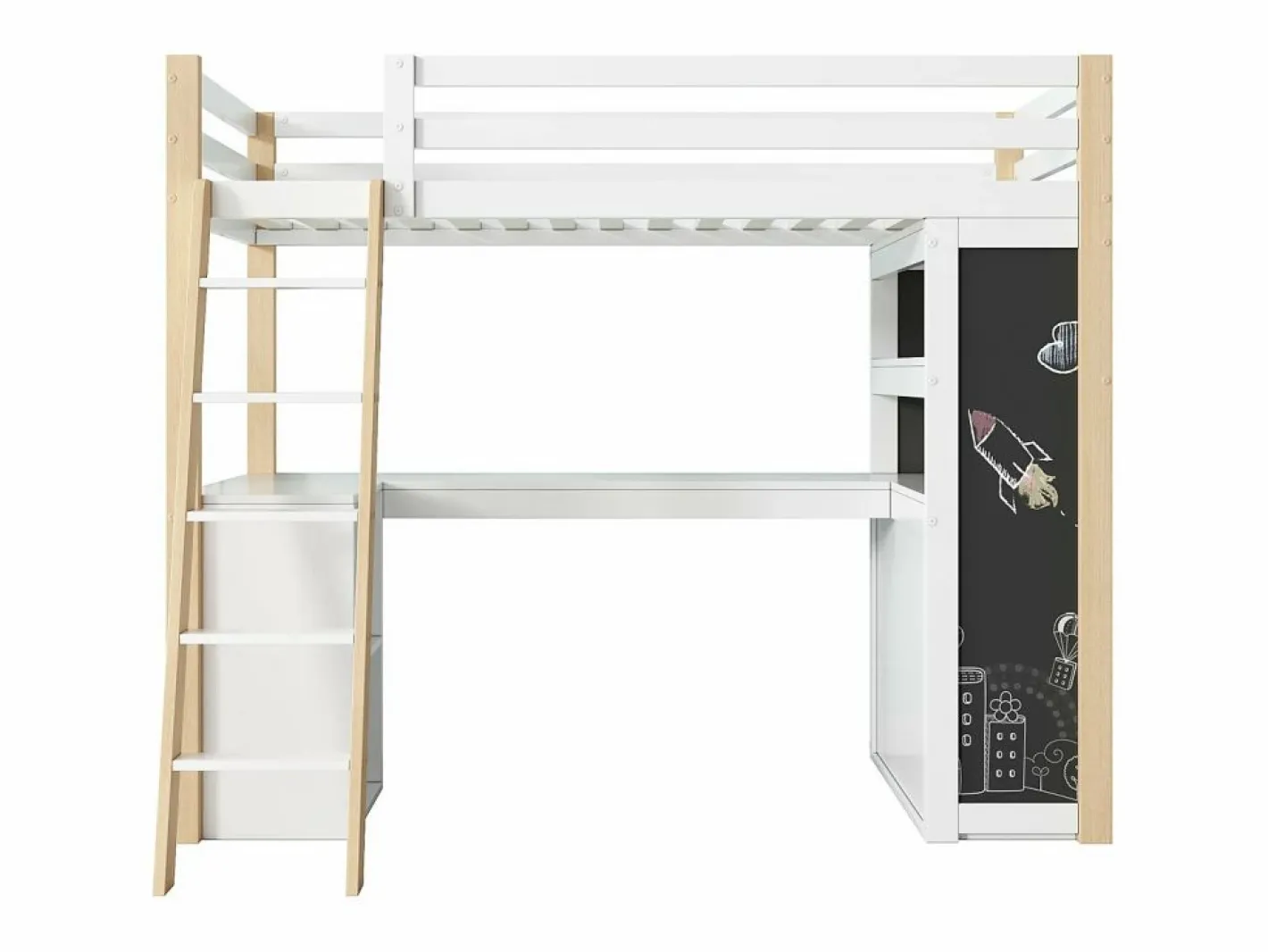DripeX Cama Infantil|Mezzanine Bed with Office - 90 x 200 cm - 6 cajones grandes - cerca y escalera - Madera sólida y MDF - White