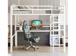 ModernLuxe Cama Alta|Cama Con Almacenaje|Mezzanine iluminado 140x200 cm - con escritorio - con puertos USB + Type-C - barandilla - escalera - (sin colchón)