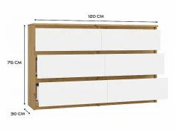 MILAN – Cómoda ancha para dormitorio con 6 cajones – 30x120x77 cm – Mueble de almacenamiento – Artesanal y blanco^TOPESHOP Outlet