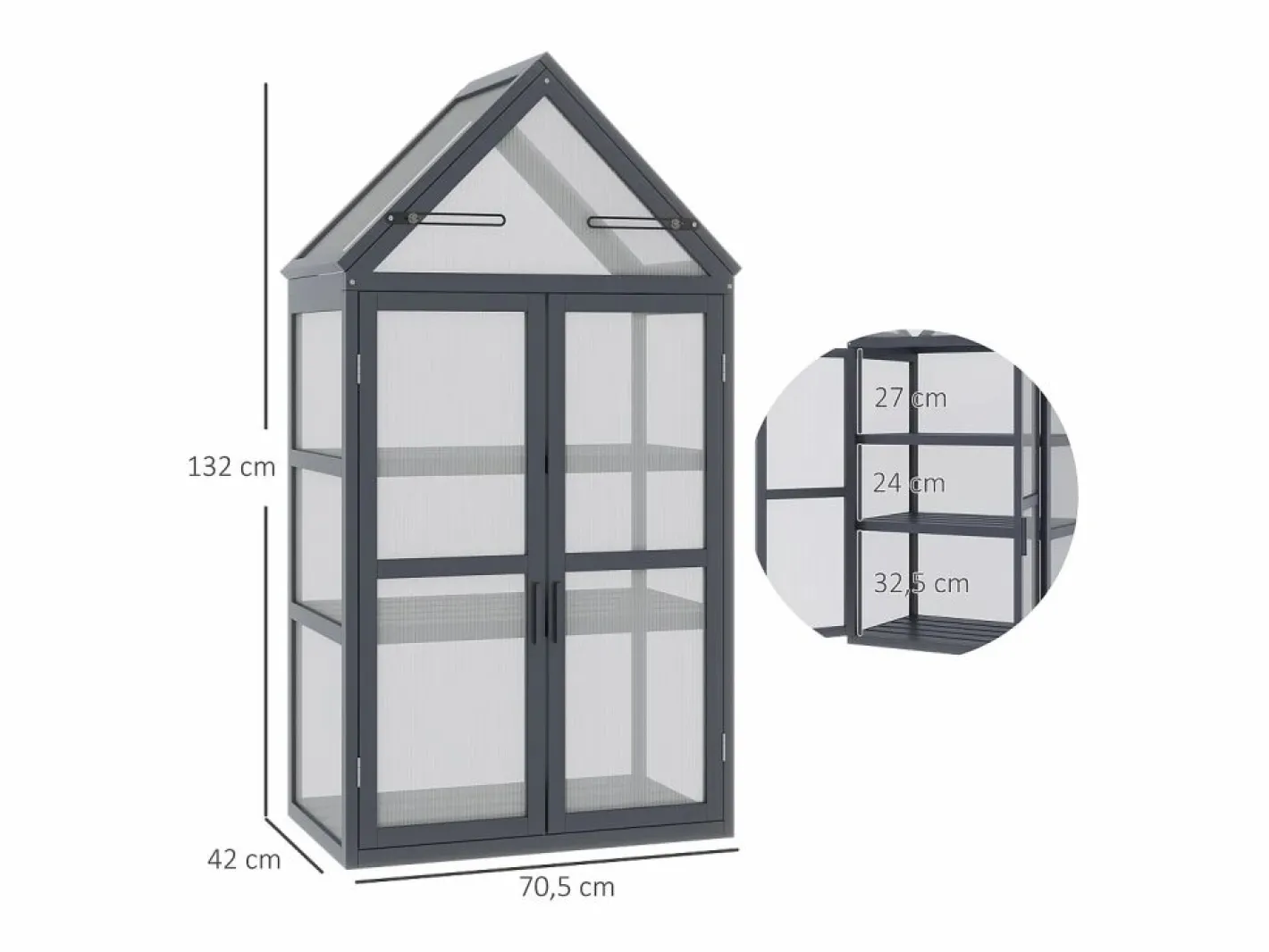 Mini invernadero de 3 niveles con techo practicable, estructura de madera natural, color (70,5 x 42 x 132 cm) Gris Best