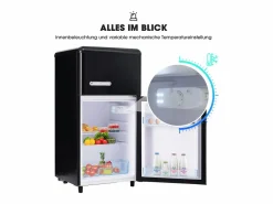 Mini nevera retro, 72 L en total, 21 L en congelador, 51 L en frigorífico, Clase energética E, LED, Diseño retro, Color (45 x 44 x 91 cm) Negro New