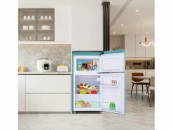 Mini nevera retro, 72 L en total, 21 L en congelador, 51 L en frigorífico, Clase energética E, LED, Diseño retro, Cian (45 x 44 x 91 cm) Violeta Sale