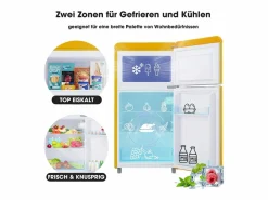Mini nevera retro, 72 L en total, 21 L en congelador, 51 L en frigorífico, Clase energética E, LED, Diseño retro, (45 x 44 x 91 cm) Amarillo Best