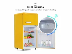 Mini nevera retro, 72 L en total, 21 L en congelador, 51 L en frigorífico, Clase energética E, LED, Diseño retro, (45 x 44 x 91 cm) Amarillo Best