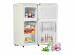 Mini refrigerador de doble puerta, 60 L en total, congelador de 22 L, refrigerador de 38 L, LED, plástico, crema (88,8 x 45,5 x 42,5 cm)^ New