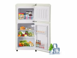 Mini refrigerador de doble puerta, 60 L en total, congelador de 22 L, refrigerador de 38 L, LED, plástico, crema (88,8 x 45,5 x 42,5 cm)^ New