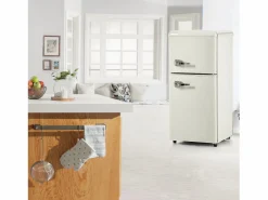 Mini refrigerador de doble puerta, 60 L en total, congelador de 22 L, refrigerador de 38 L, LED, plástico, crema (88,8 x 45,5 x 42,5 cm)^ New