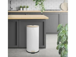 ML-DESIGN Cubo De Basura Para Cocina|Cubo de basura con pedal 30L papelera redonda acabado de acero inoxidable , tapa de bambú con cierre suave para hogar y oficinas