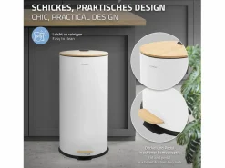 ML-DESIGN Cubo De Basura Para Cocina|Cubo de basura con pedal 30L papelera redonda acabado de acero inoxidable , tapa de bambú con cierre suave para hogar y oficinas