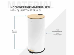 ML-DESIGN Cubo De Basura Para Cocina|Cubo de basura con pedal 30L papelera redonda acabado de acero inoxidable , tapa de bambú con cierre suave para hogar y oficinas
