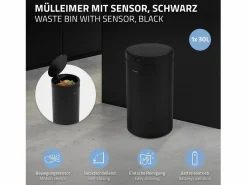 ML-DESIGN Cubo De Basura Para Cocina|Cubo de basura inteligente con sensor de movimiento 30L papelera redonda con apertura y cierre automática de acero con pantalla LED