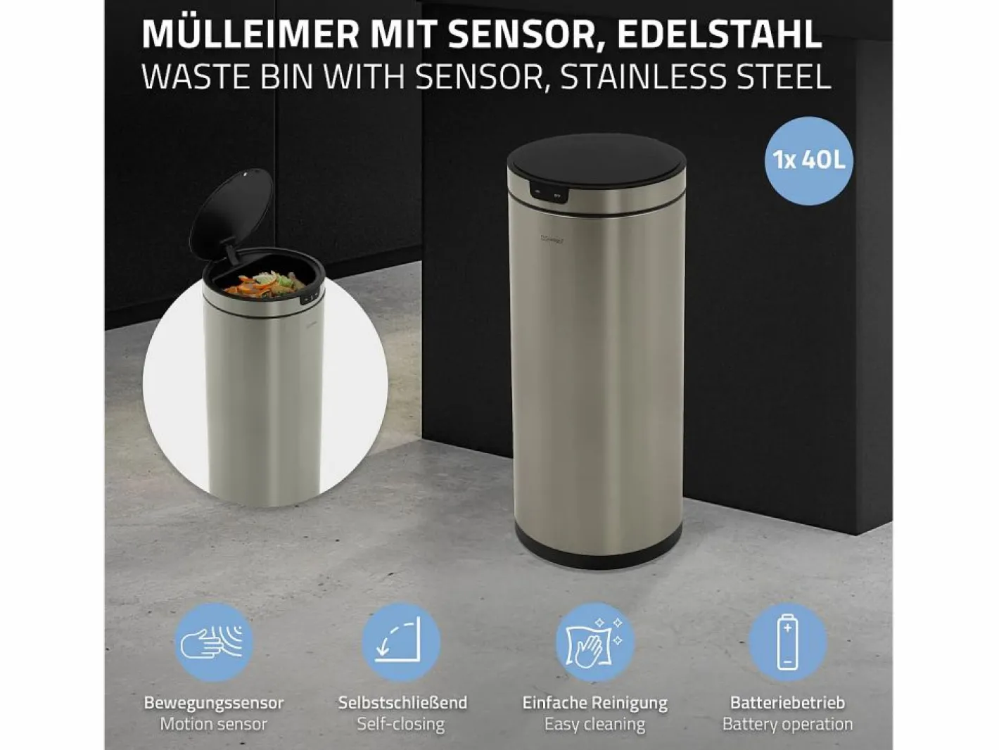 ML-DESIGN Cubo De Basura Para Cocina|Cubo de basura inteligente con sensor de movimiento 40L papelera redonda con apertura y cierre automática de acero con pantalla LED