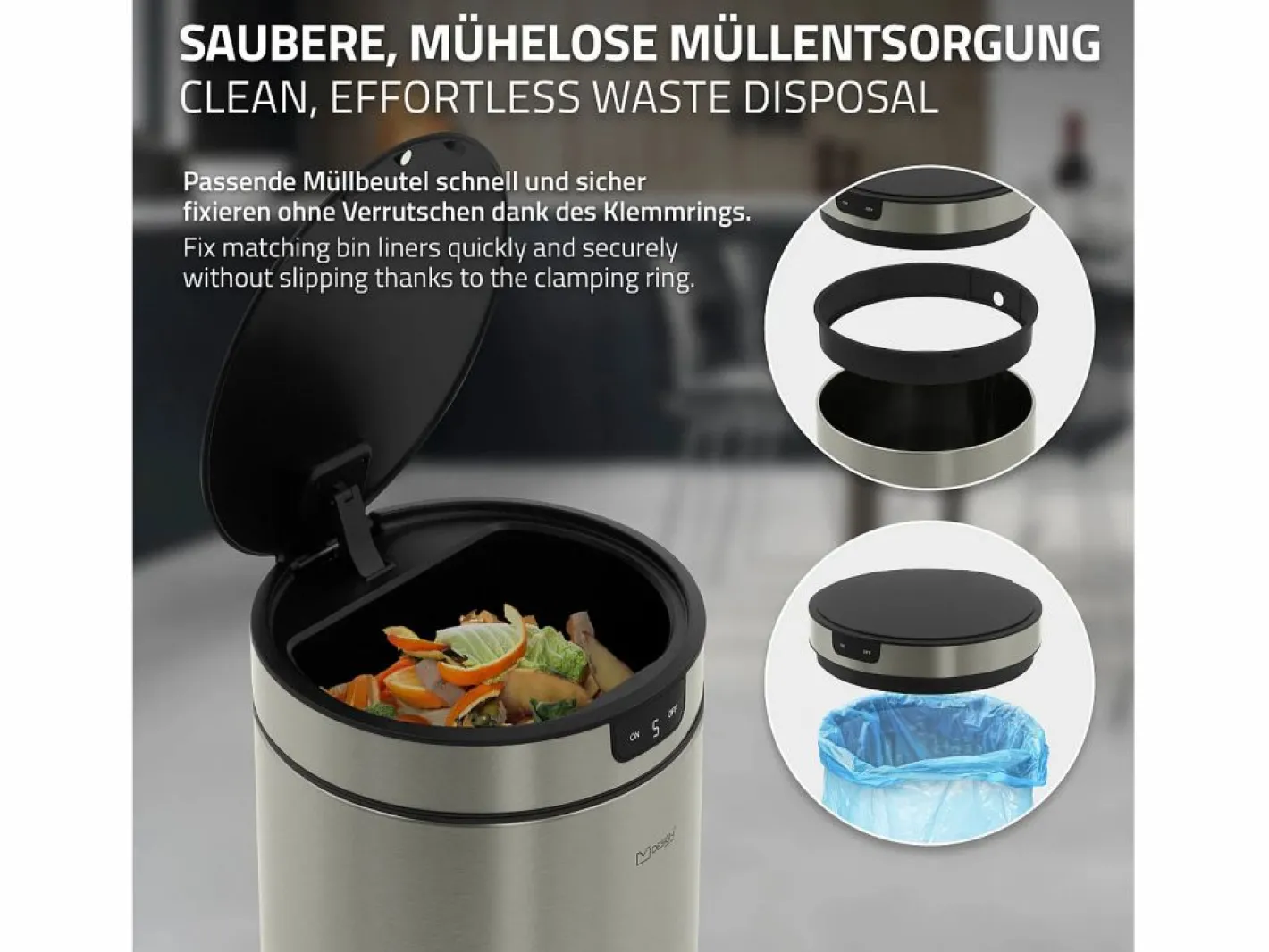 ML-DESIGN Cubo De Basura Para Cocina|Cubo de basura inteligente con sensor de movimiento 40L papelera redonda con apertura y cierre automática de acero con pantalla LED