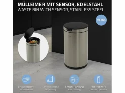 ML-DESIGN Cubo De Basura Para Cocina|Cubo de basura inteligente con sensor de movimiento 30L papelera redonda con apertura y cierre automática de acero con pantalla LED