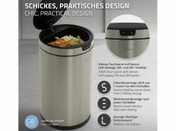 ML-DESIGN Cubo De Basura Para Cocina|Cubo de basura inteligente con sensor de movimiento 30L papelera redonda con apertura y cierre automática de acero con pantalla LED