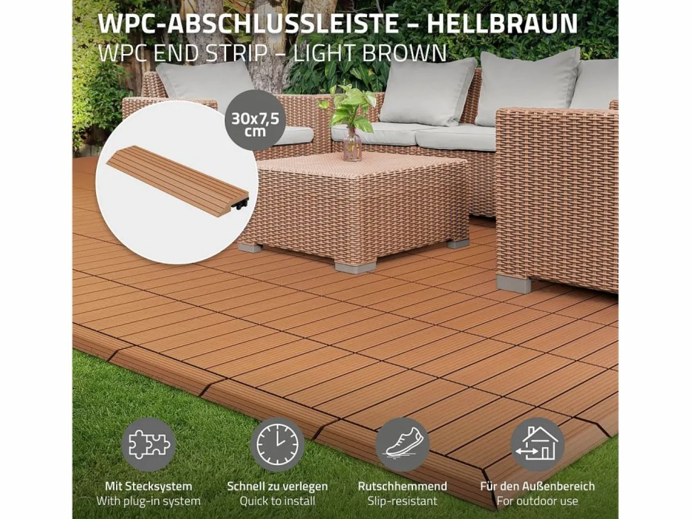 ML-DESIGN Terraza|Perfil recto de wpc marrón claro 38x2x7,5 cm borde de remate para baldosas con sistema de clic aspecto madera para terraza, piscina o patio