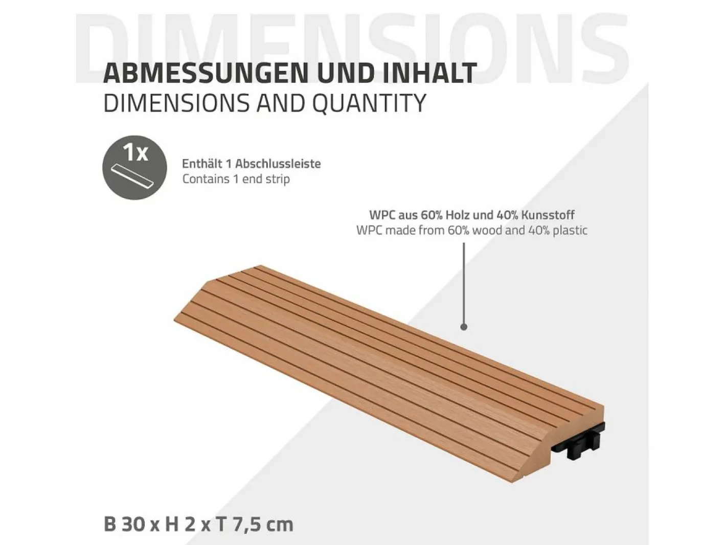 ML-DESIGN Terraza|Perfil recto de wpc marrón claro 38x2x7,5 cm borde de remate para baldosas con sistema de clic aspecto madera para terraza, piscina o patio