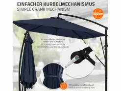 ML-DESIGN Sombrilla de jardín Ø330cm de aluminio marino parasol volafiza de terraza con soporte, giratoria 360° e inclinable con manivela Azul New