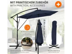 ML-DESIGN Sombrilla de jardín Ø330cm de aluminio marino parasol volafiza de terraza con soporte, giratoria 360° e inclinable con manivela Azul New