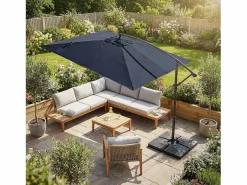 ML-DESIGN Sombrilla de jardín Ø330cm de aluminio marino parasol volafiza de terraza con soporte, giratoria 360° e inclinable con manivela Azul New