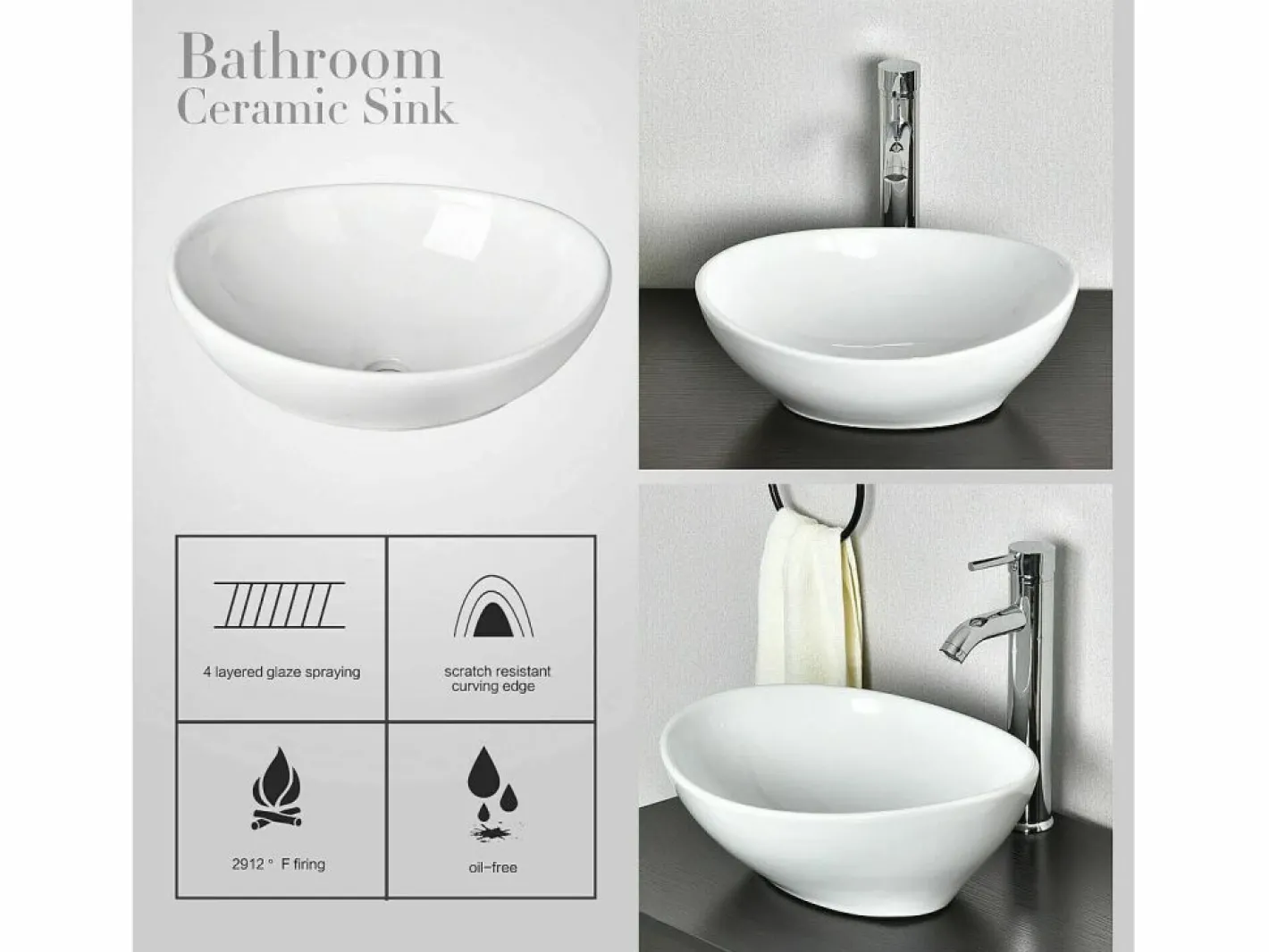 DripeX Moderno fregadero ovalado de cerámica, lavabo del baño, bandeja de lavado , 410x340x150 mm Blanco Best