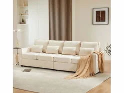 Moderno sofá recto de 4 plazas con bolsillos laterales y cojines - en tejido de lino - mueble de salón - Beige Best