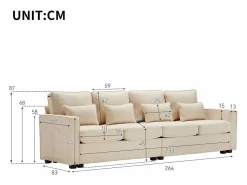 Moderno sofá recto de 4 plazas con bolsillos laterales y cojines - en tejido de lino - mueble de salón - Beige Best