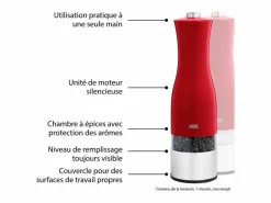 Molino Eléctrico de Sal y Pimienta ADE - Acero Inoxidable, Molino de Cerámica, Molienda Ajustable, LED, 22,5 cm Rojo Hot
