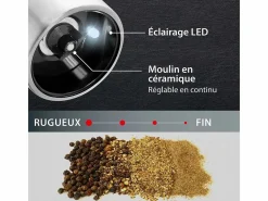 Molino Eléctrico de Sal y Pimienta ADE en Acero Inoxidable con Molinillo de Cerámica, Molienda Ajustable y LED, 22,5 cm, Negro