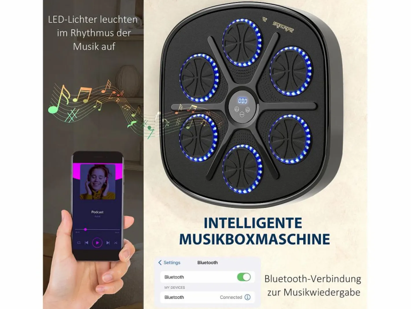 Máquina de Boxeo con Música, Bluetooth, LED, Montaje en Pared, para Adultos, Negra (41,8 x 44,6 x 7,5 cm) Negro Discount