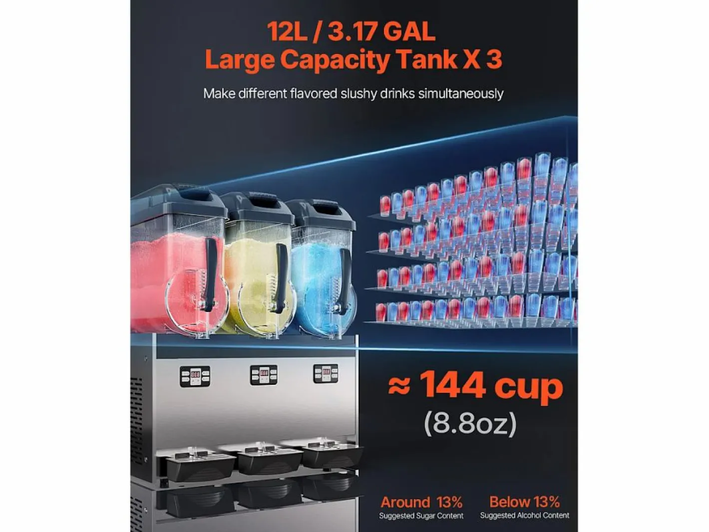 Máquina de Granizado Comercial SucceBuy 12 Lx3, Máquina de Bebidas Frías con Triple Depósito, Acero Inoxidable para la Casa, la Fiesta, el Café^ Clearance