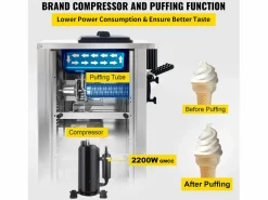 Pequeño Electrodoméstico|Máquina de Helado Blando SucceBuy, Comercial de Mostrador 2200 W 2 + 1 Sabores, para Restaurantes, Bares, Cafeterías, Panaderías