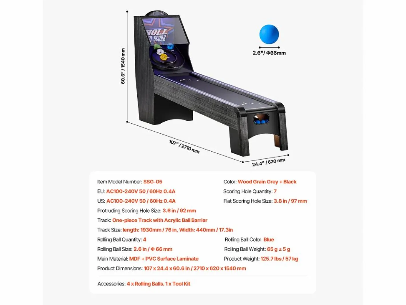 Máquina de Skeeball SucceBuy 274cm Lanzar y Marcar Mesa de Juego de Arcade Marcador Electrónico Sala de Juegos 4 Bolas