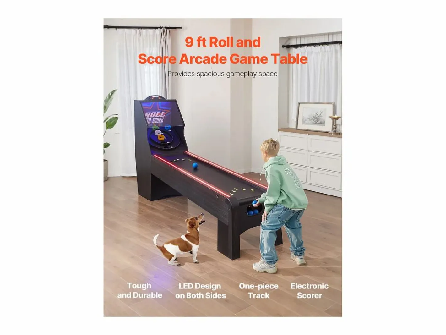 Máquina de Skeeball SucceBuy 274cm Lanzar y Marcar Mesa de Juego de Arcade Marcador Electrónico Sala de Juegos 4 Bolas