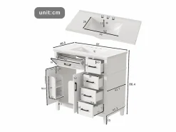 Merax Mueble De Baño Simple|Mueble bajo lavabo de cerámica individual - 90 x 46 x 87 cm - con 4 cajones + 2 puertas - Cerámica + MDF -