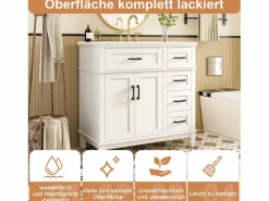 Merax Mueble De Baño Simple|Mueble bajo lavabo de cerámica individual - 90 x 46 x 87 cm - con 4 cajones + 2 puertas - Cerámica + MDF -