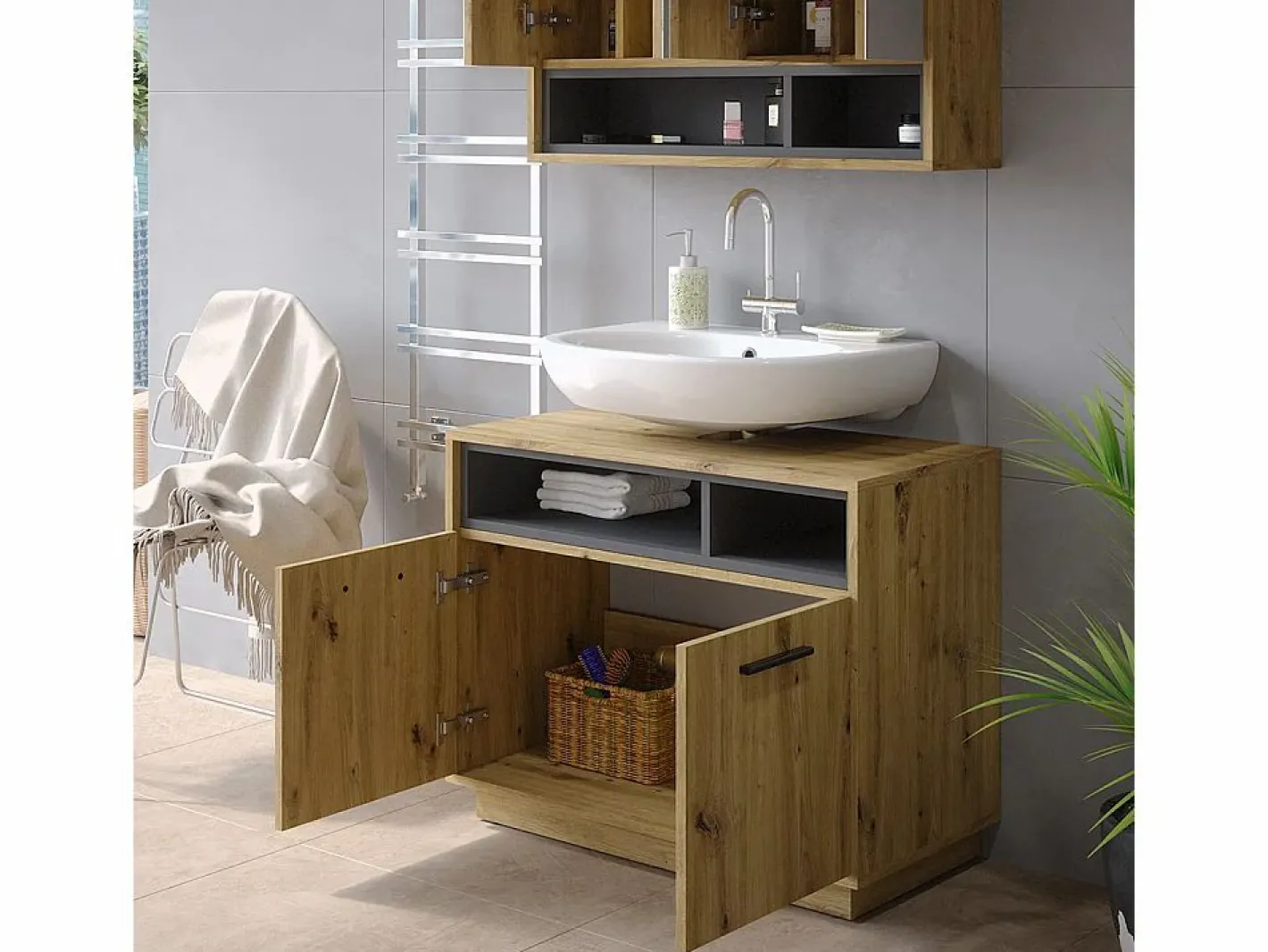 Vicco Mueble bajo lavabo roble artesanal/antracita 80x40x64 beatrice Color natural claro