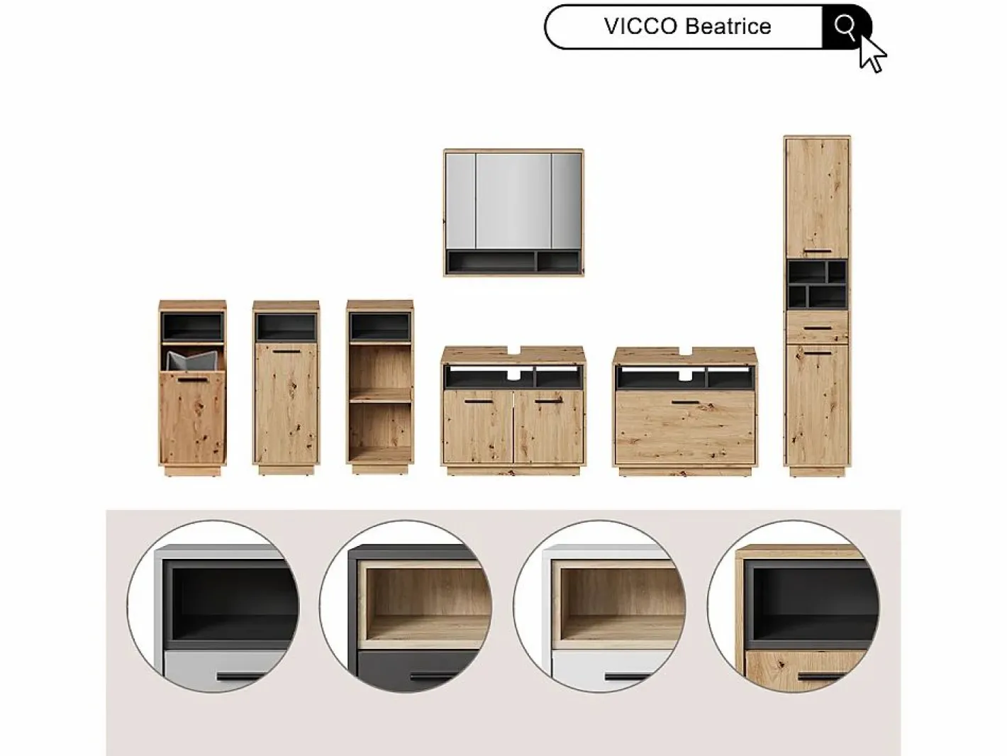 Vicco Mueble bajo lavabo roble artesanal/antracita 80x40x64 beatrice Color natural claro
