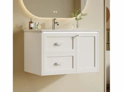 Merax Mueble De Baño Simple|Mueble bajo lavabo suspendido de un seno cerámico - 76 x 46 x 51 cm - acabado lacado - con LEDs + 2 cajones + puerta - cerámica + MDF -